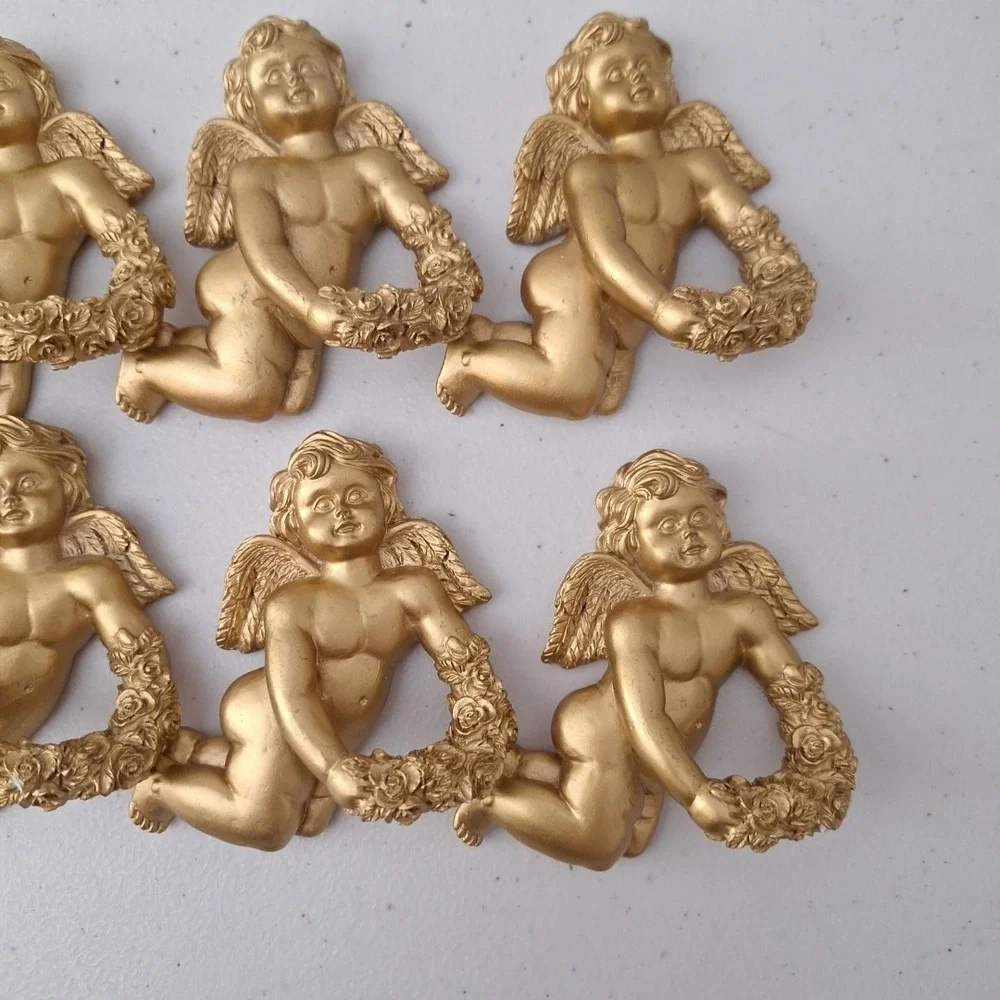 8 Ornate Resin Cherub Angel Napkin Ring Holders Gold Tone Painted Vintage HEAVY
